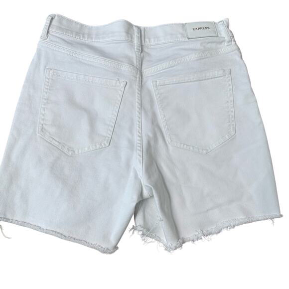 EXPRESS White Denim Cut Off Shorts Midi High Rise Sz 2 Cotton Blend Stretch Cute - Picture 2 of 7